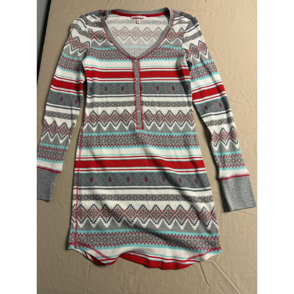 Victoria's Secret Fair Isle Thermal Henley Nightshirt Dress XS Red Grey Waffle